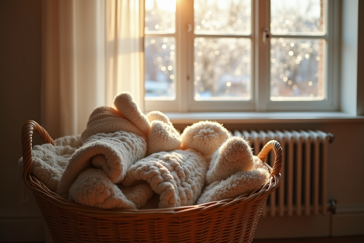 Panier avec couvertures chaudes et chaussettes en laine près d’un radiateur moderne
