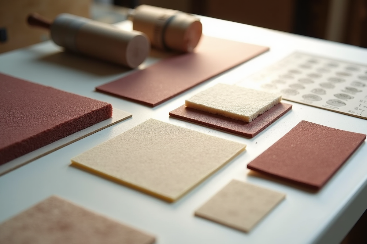 Assortiment de papiers abrasifs et outils de ponçage sur une table blanche