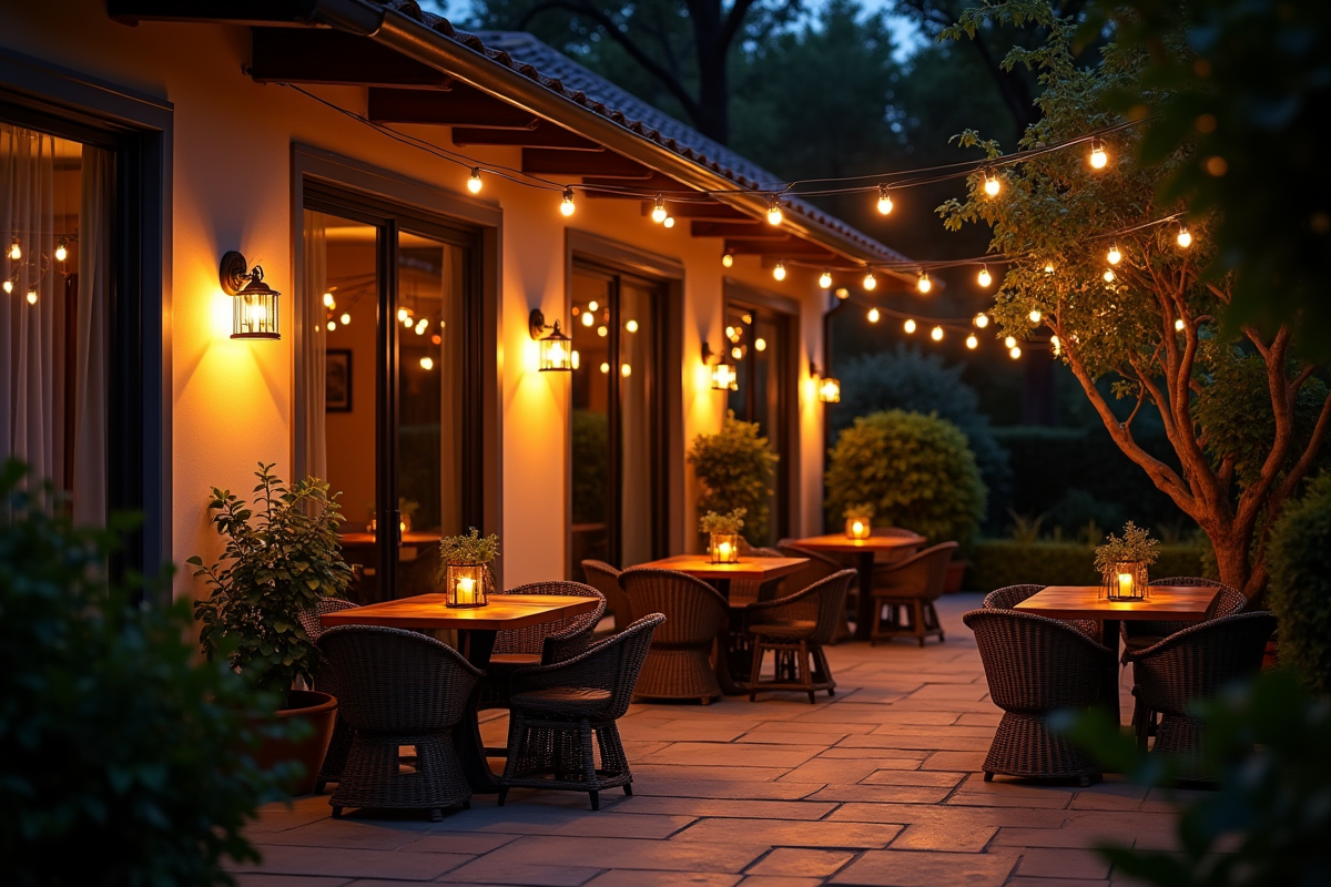 Patio cosy avec éclairage mural chaleureux la nuit
