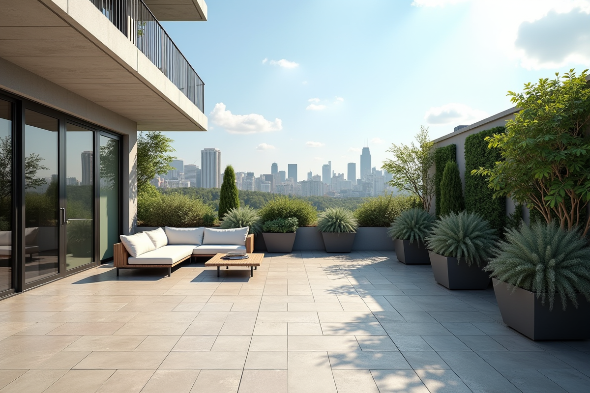 Patio en pierre avec mobilier minimaliste et jardin vertical lumineux