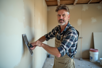 Peintre d'âge moyen appliquant du joint sur un mur en plâtre