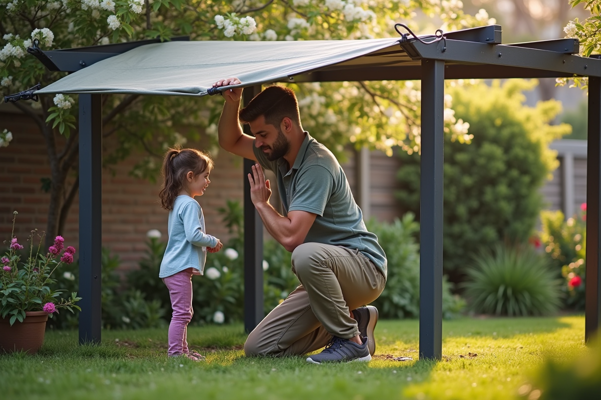 Pere et enfant installant une toile de protection dans le jardin
