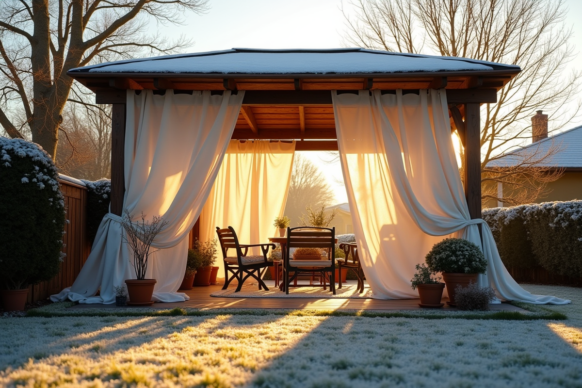 Pergola chaleureuse avec rideaux isolants en hiver dans un jardin