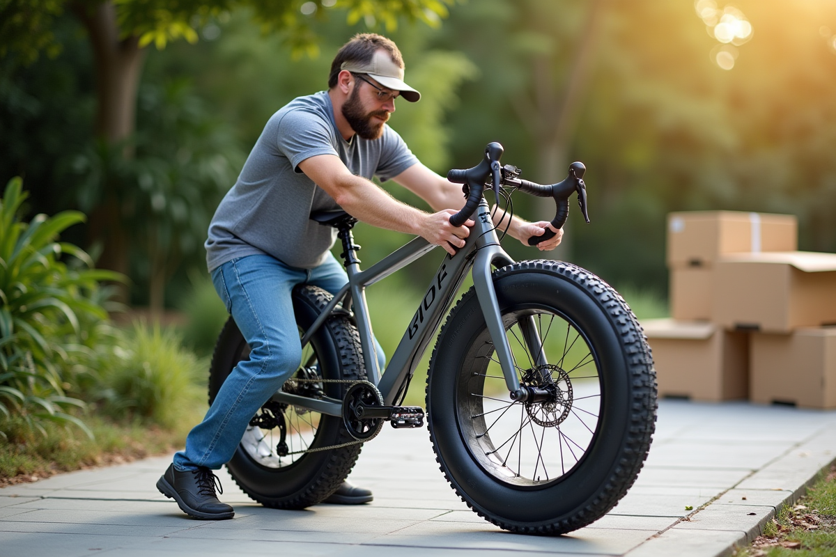 Personne sécurisant un vélo avec du film étirable en plein air
