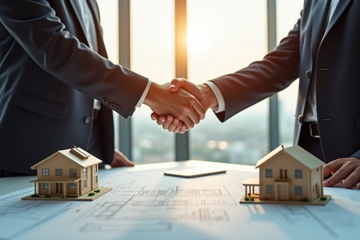 Poignée de mains entre deux professionnels avec plans et maquettes