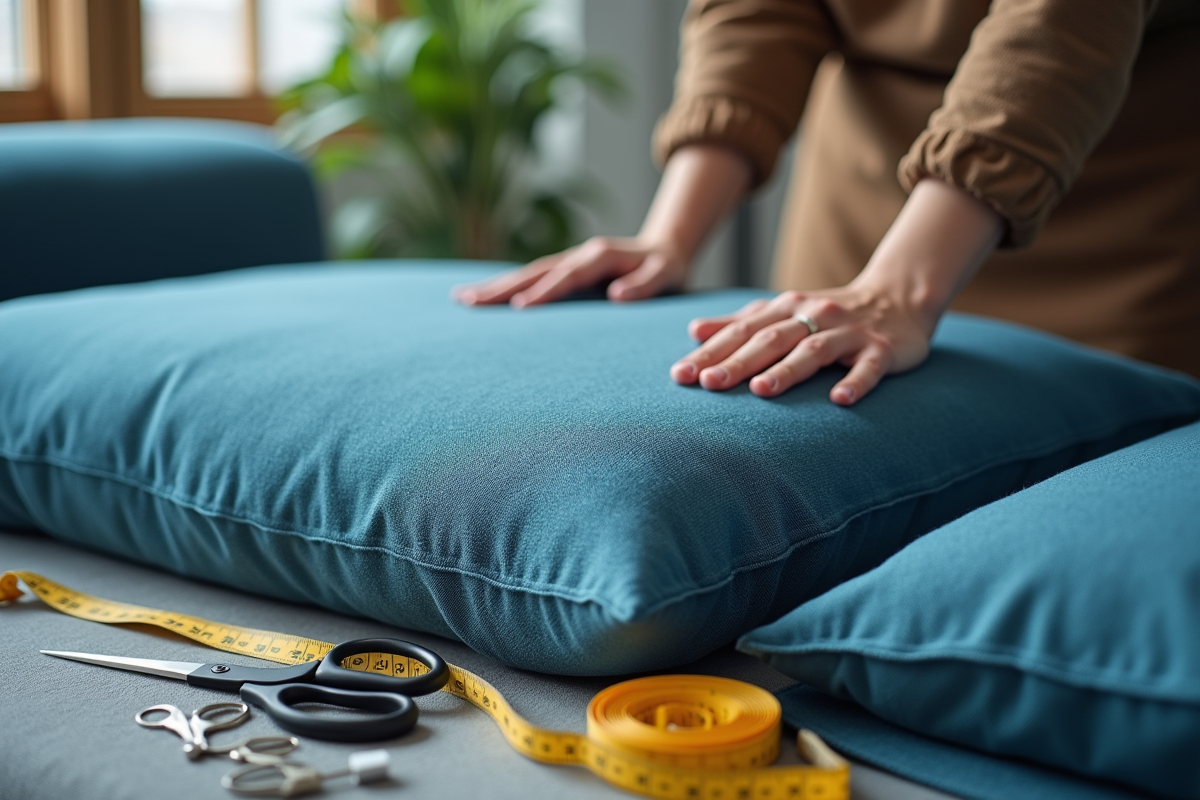 Mains ajustant tissu bleu sur coussin de canapé classique