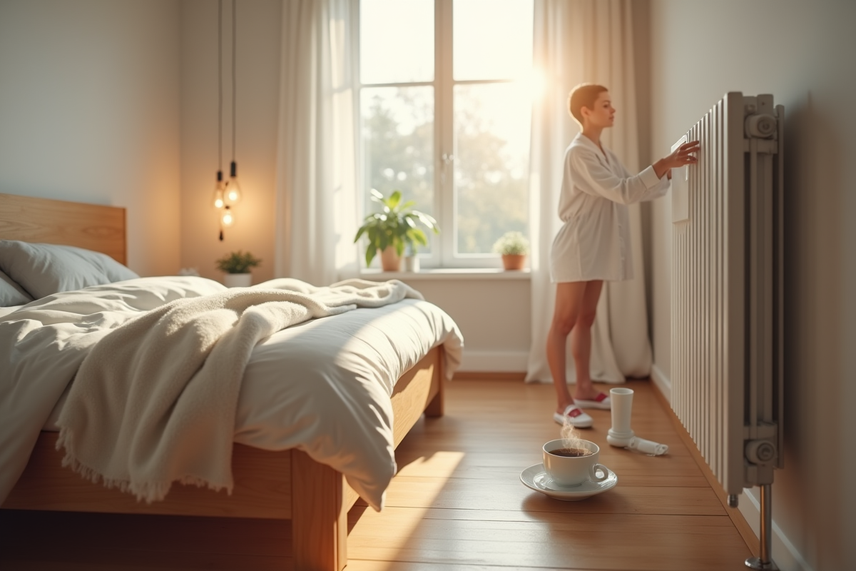 Personne ajustant une vanne de radiateur dans une chambre lumineuse