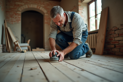 Homme en overalls pon&ccedil;ant un vieux plancher en bois