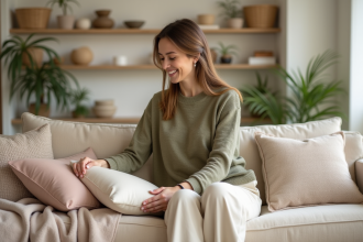 Femme dans un salon moderne avec coussins pastel et décoration naturelle