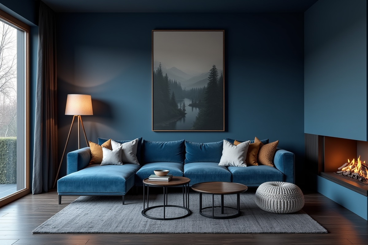 Salon moderne avec murs bleu fonce et canapé en velours