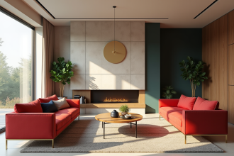 Salon moderne avec mobilier rouge et beige lumineux