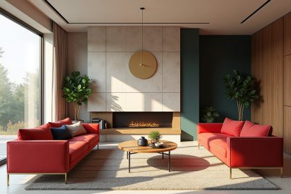 Salon moderne avec mobilier rouge et beige lumineux