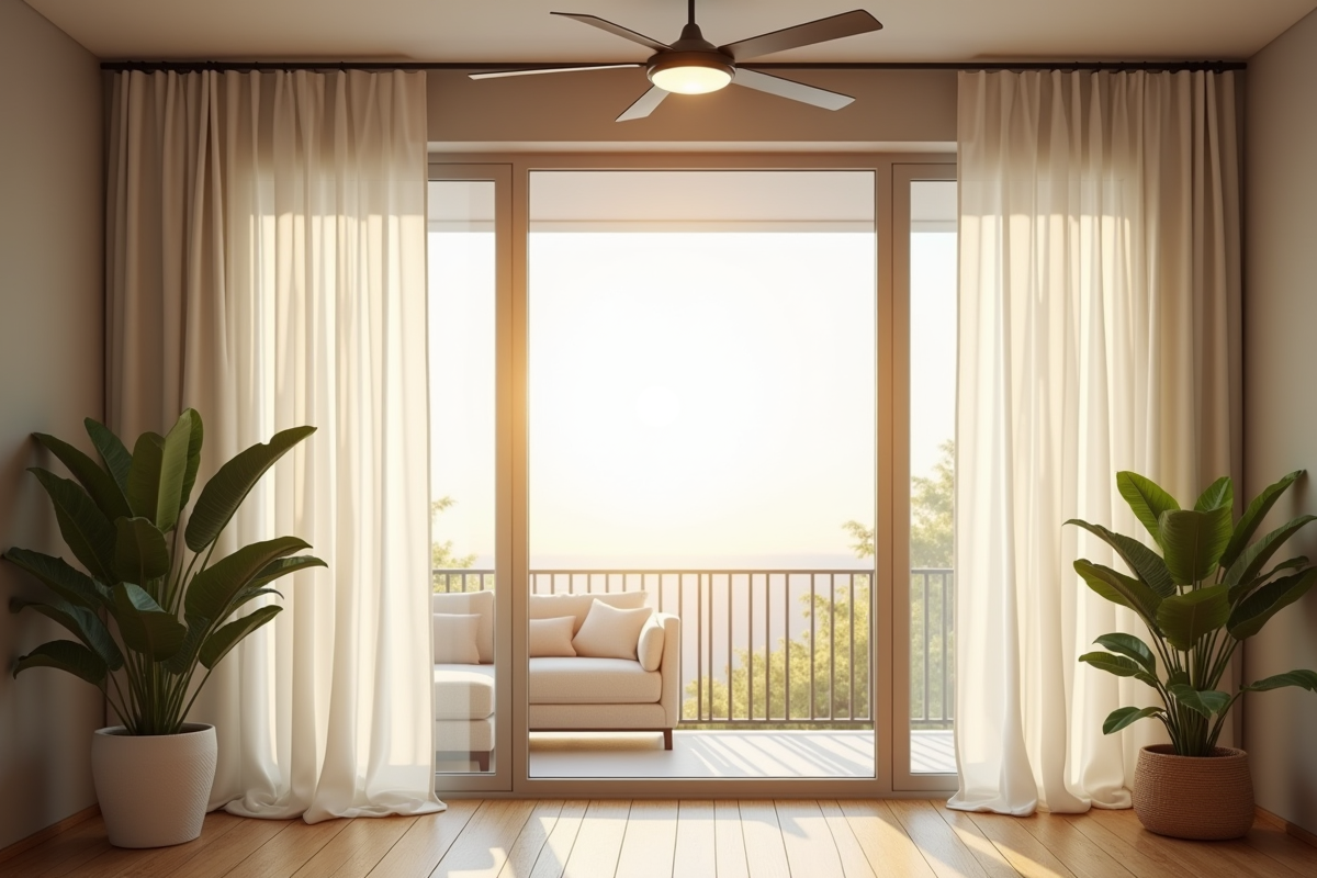 Salon moderne avec ventilateur plafond en action et rideaux légers