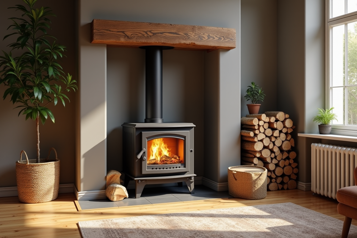 Salon rénové avec poêle à bois noir et bois de chauffage