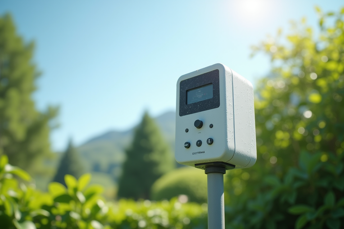 Station météo moderne dans un jardin vert en plein soleil