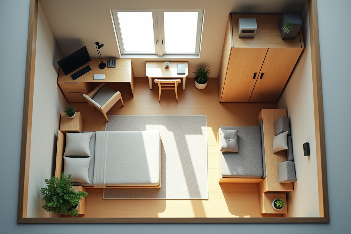 Studio compact vu du dessus avec mobilier pratique et économique
