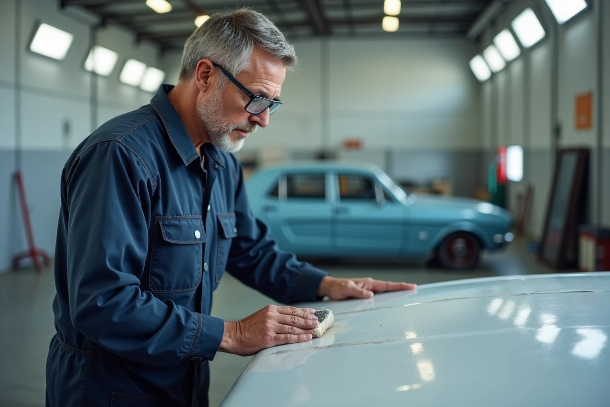Technicien auto en train de sabler une voiture dans un atelier