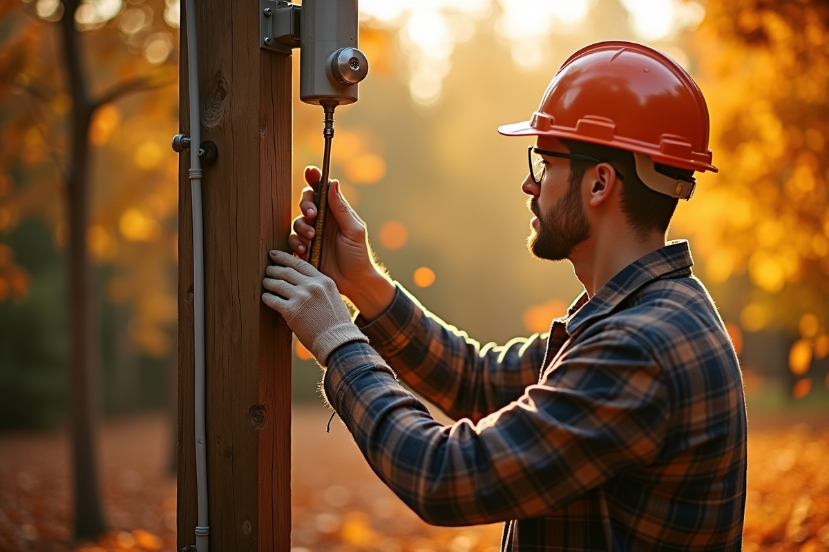 Technicien entre automnes ajuste la station météo sur un poteau