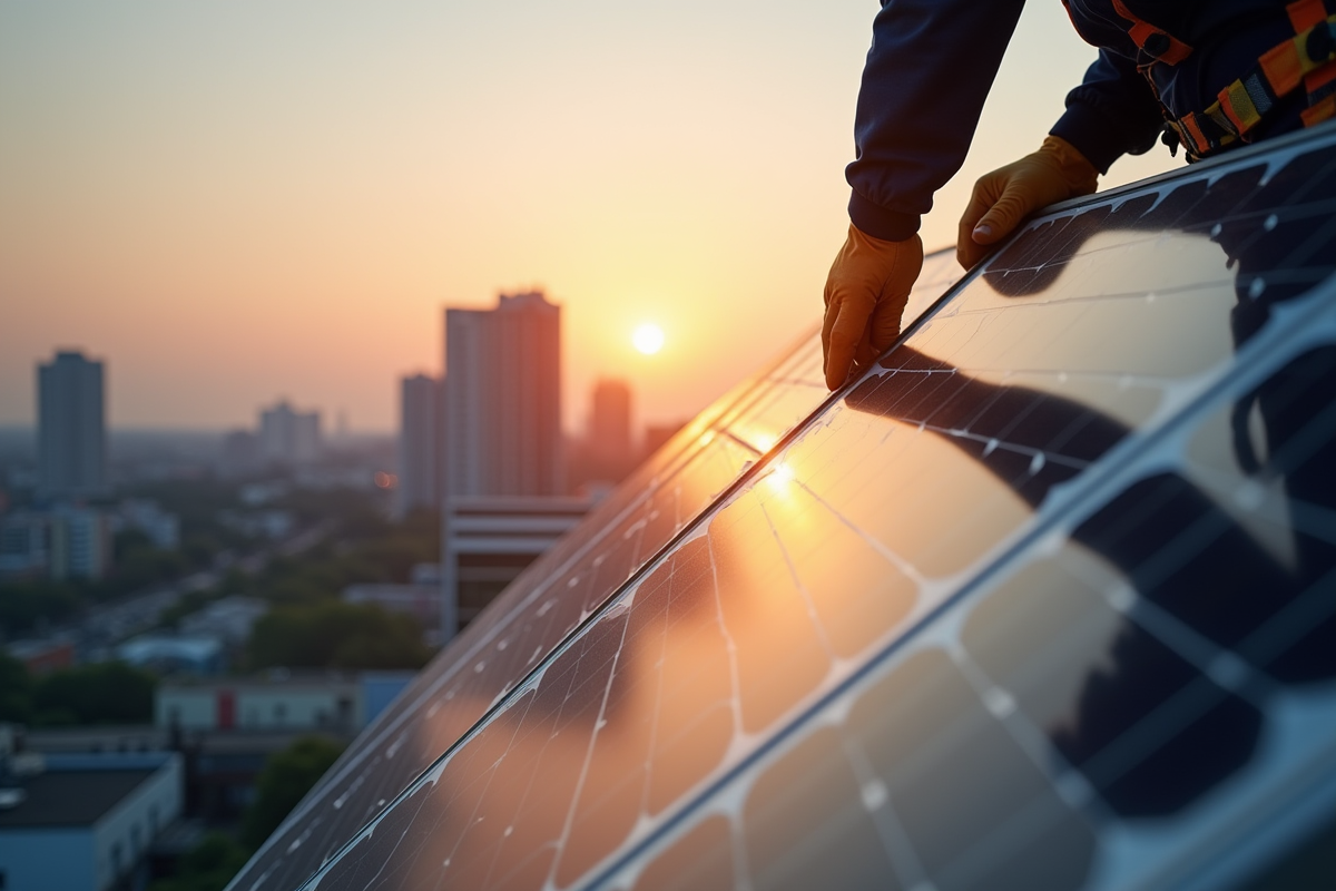 Technicien professionnel installant des panneaux solaires en ville