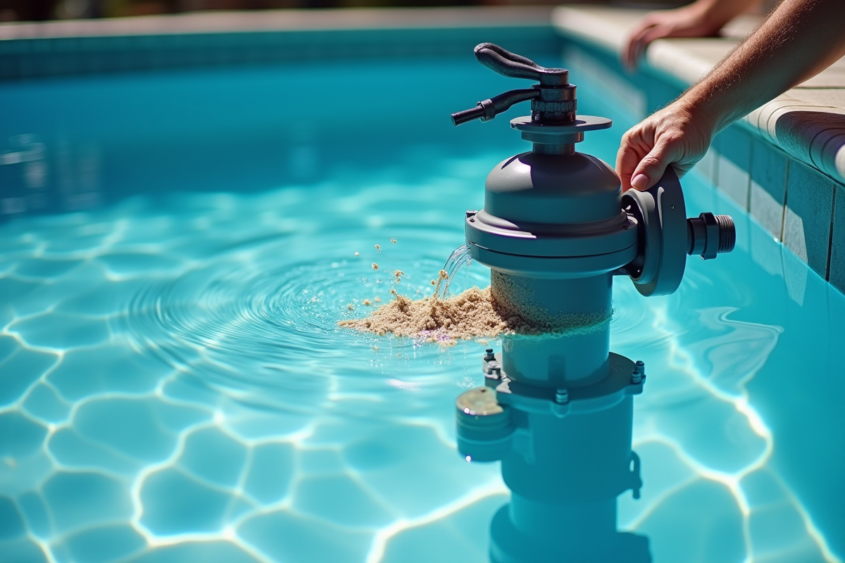 Technicien vérifiant un filtre à sable de piscine en plein jour