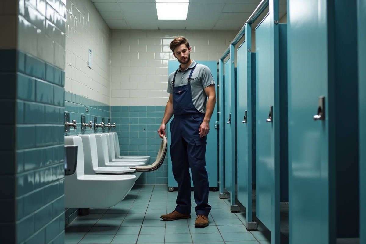 Jeune technicien changeant une lunette de WC dans les toilettes publiques