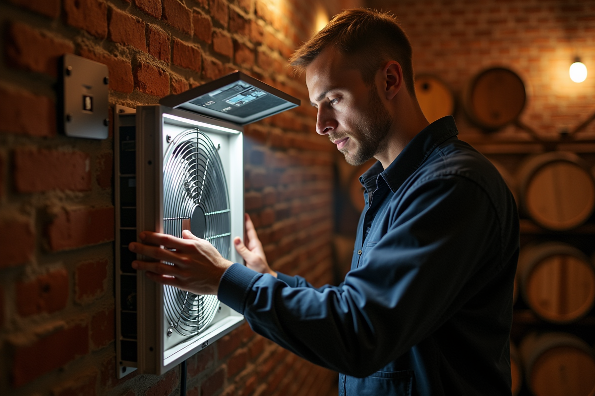 Technicien inspectant un systeme de ventilation dans une cave à vin traditionnelle