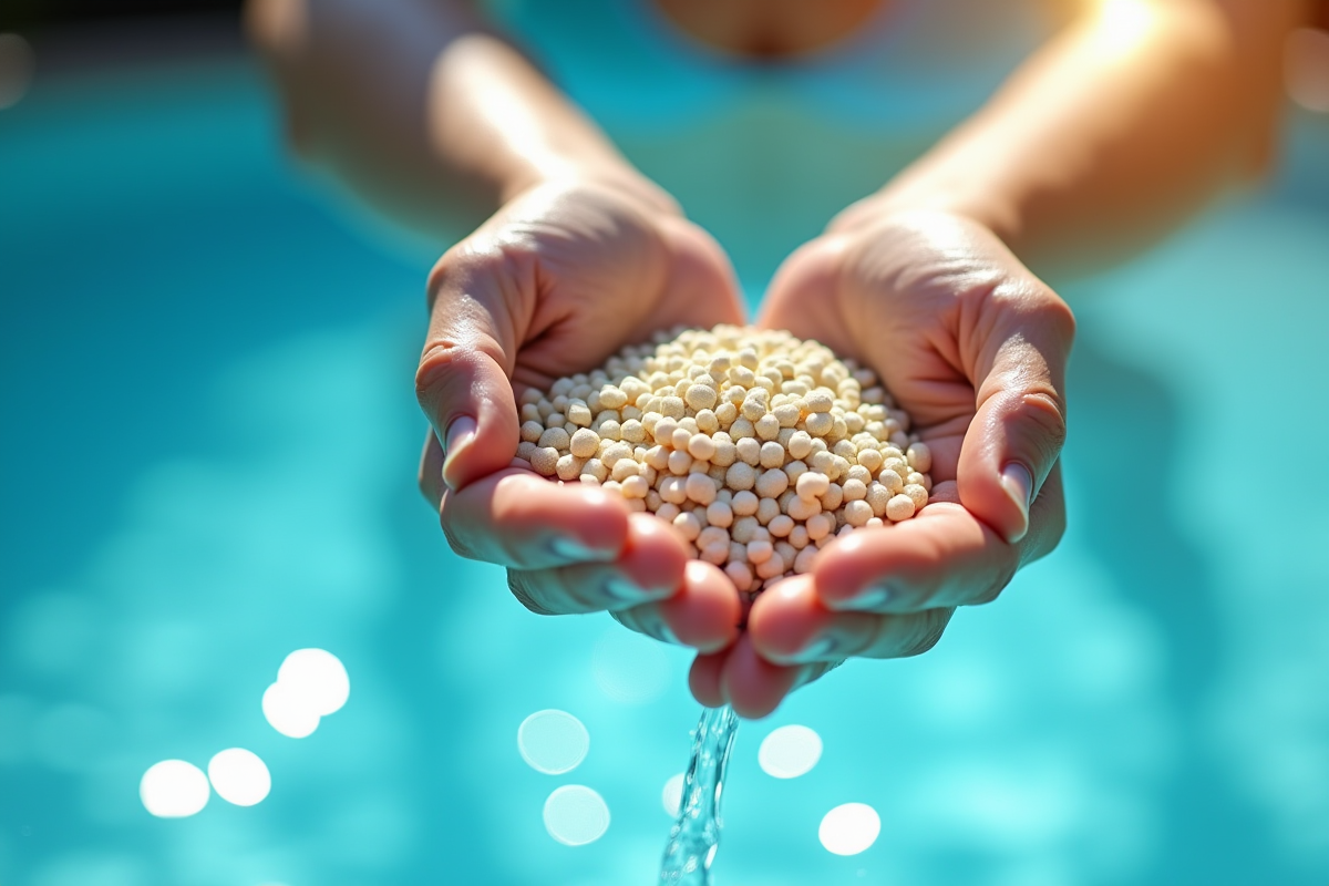 Mains versant des granulés de traitement minéral dans la piscine