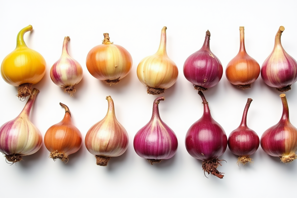 Tubercules de fleurs variés en rangs sur fond blanc
